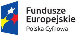 Fundusze Europejskie Logotyp: Na granatowym tle częściowo widoczne trzy gwiazdki żółta, biała i czerwona obok napis European, funds digital of Poland